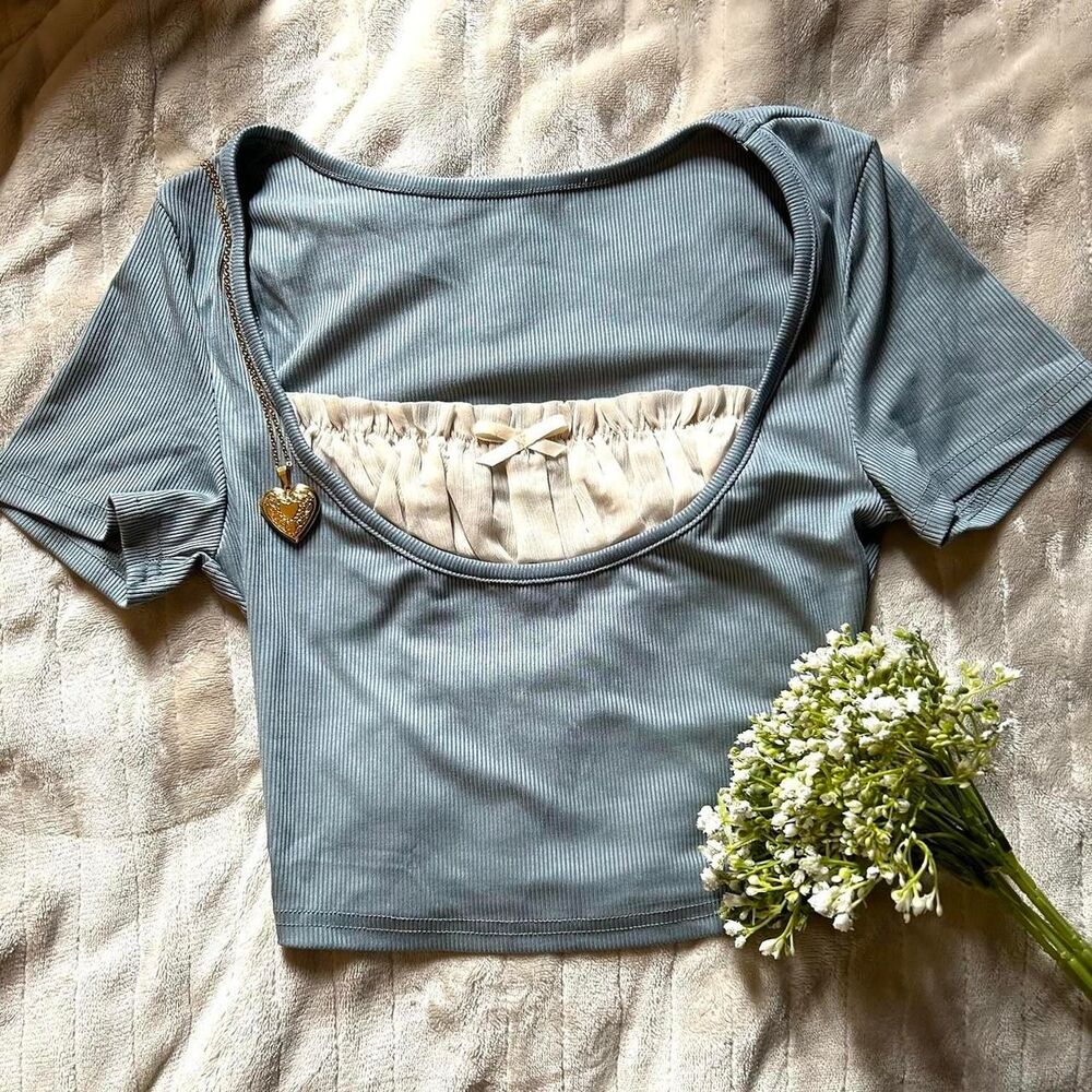 Blue Shein Crop Top With White Ruffles